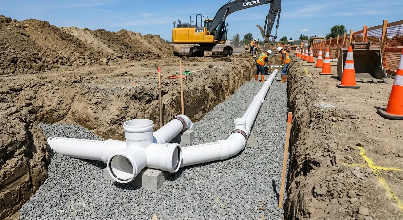 New PVC sewer pipe installation in open trench for Commercial Drain Cleaning in Waterford